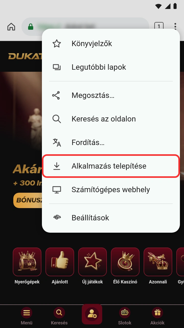 Chrome menü Androidon: az Alkalmazás telepítése lehetőség kiemelve