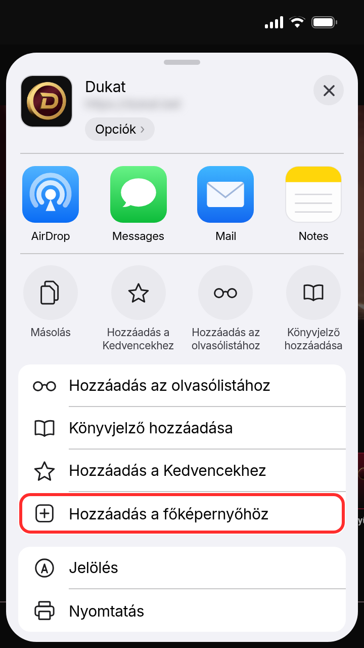 iPhone megosztási menü: a Hozzáadás a főképernyőhöz lehetőség kiemelve