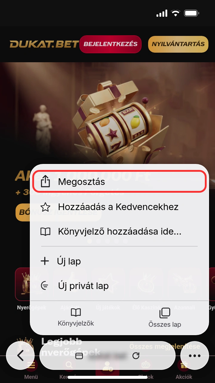 Safari menü iPhone-on: a Megosztás lehetőség kiemelve