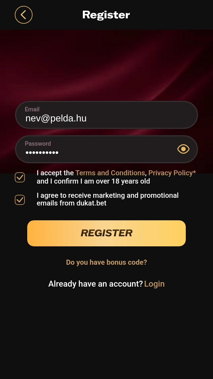 Dukat Bet regisztrációs űrlap mobilon: e-mail-cím és jelszó megadása